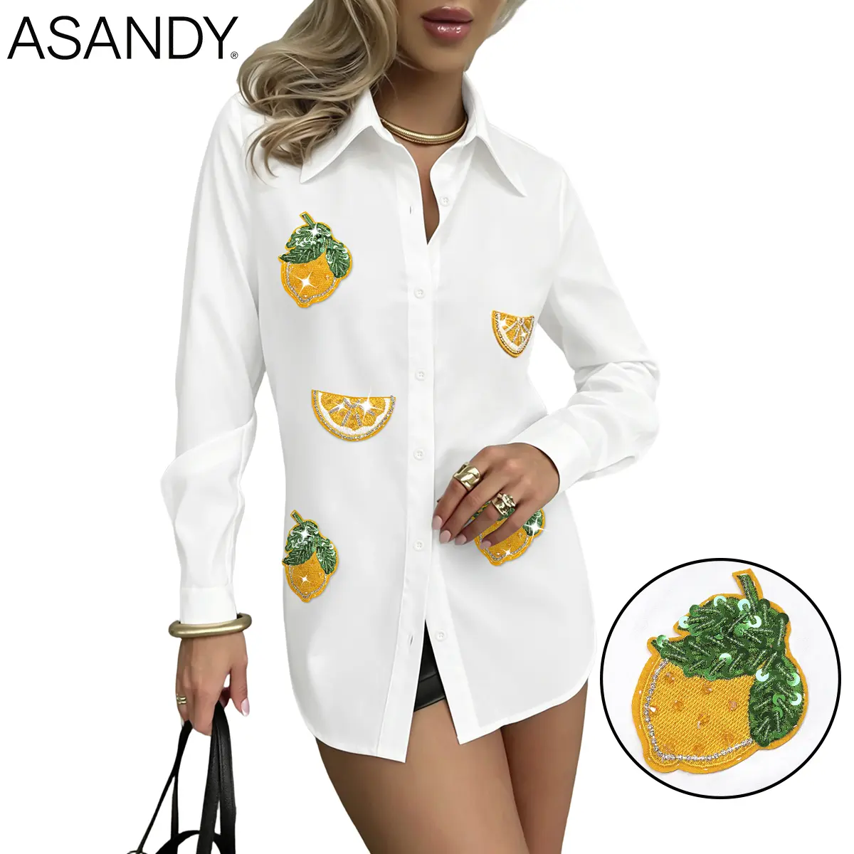 ASANDY Sequin Blouse for Women, Casual Long Sleeve Top with Sparkly Rhinestone Lemon Patches, Oversized Fit for Going Out & Summer OOTD Ideas, Sequin Shirts, Rhinestones, Casual Wear, Loose Fit, M, Dress Casual