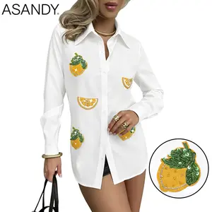 ASANDY Women's Cute Loose Lemon Shirt - Sparkly Sequins, Rhinestone Lemon Patches, Comfortable Oversized Blouse, Casual Summer Women's Clothes for Pairing with Jeans,summervibes