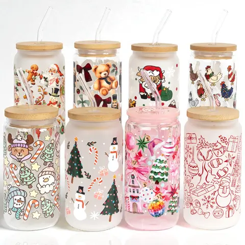 Christmas Style 16oz Glass Can Cup with Bamboo Lid & Straw, Gift for Her