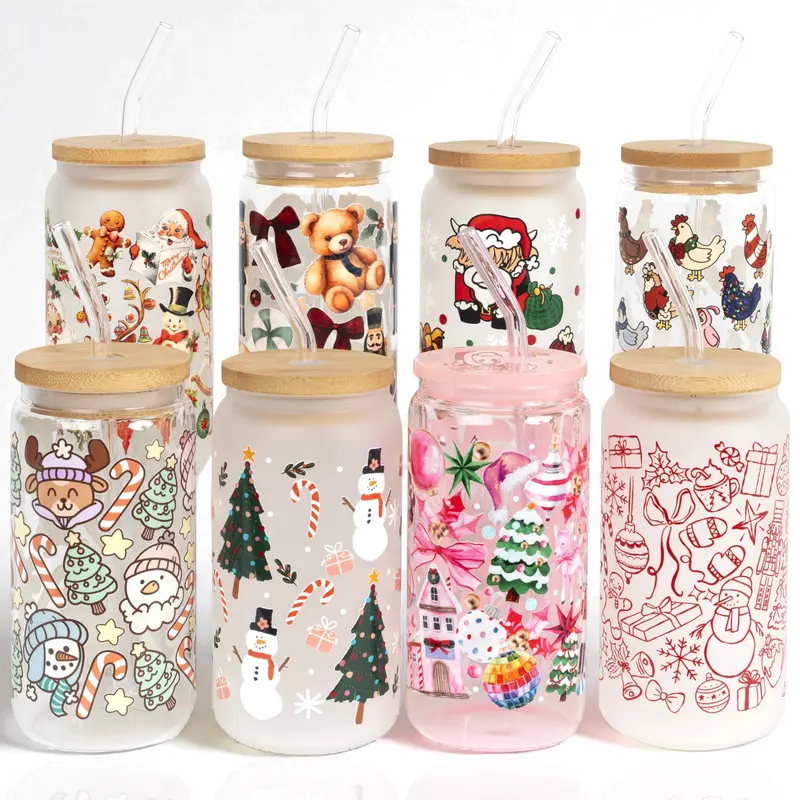 Christmas Style 16oz Glass Can Cup with Bamboo Lid & Straw, Gift for Her