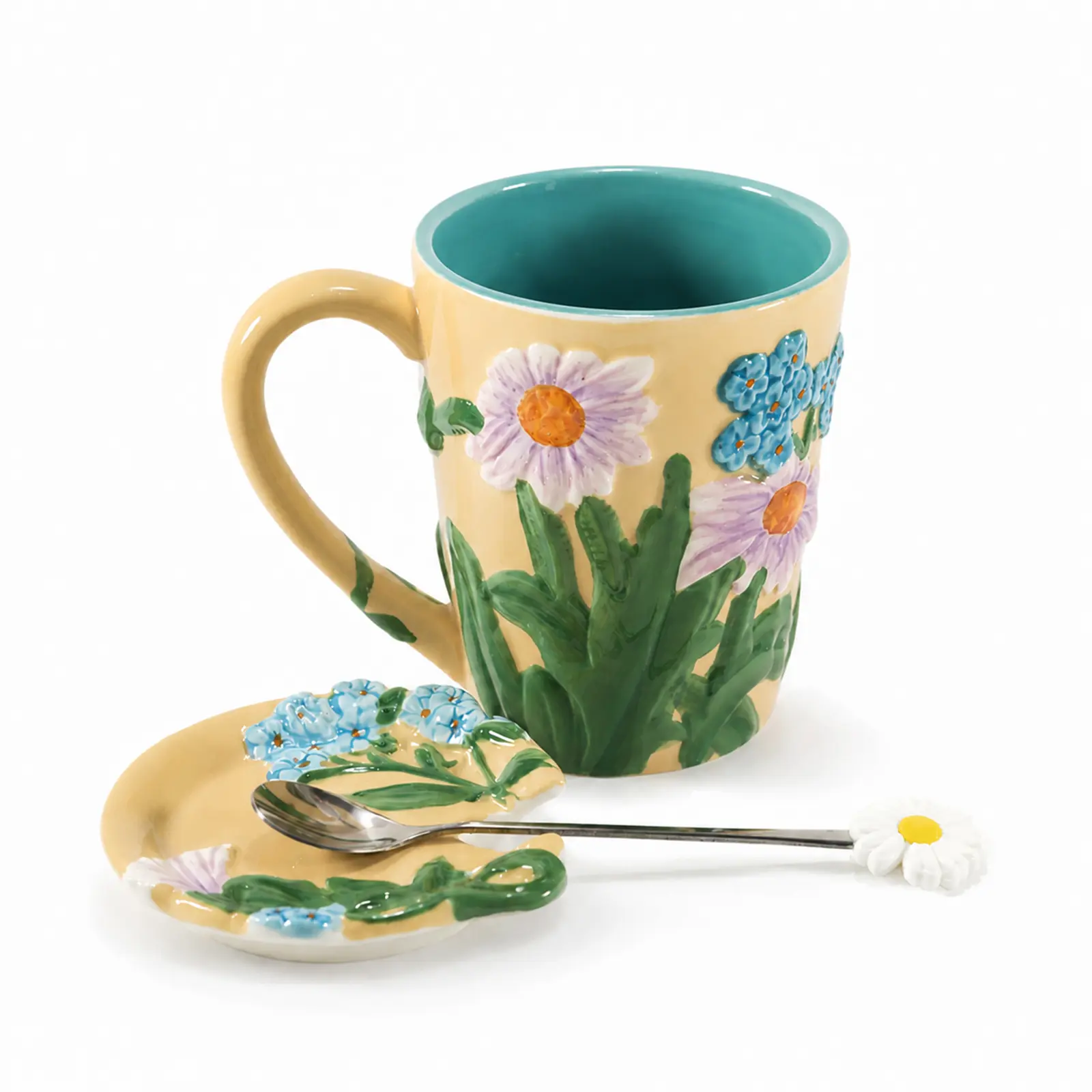 20oz Floral Ceramic Mug with Lid & Daisy Spoon, 3D Hand-Painted Flower Coffee Mug, Cute Gift for Women, Mom, Best Friend