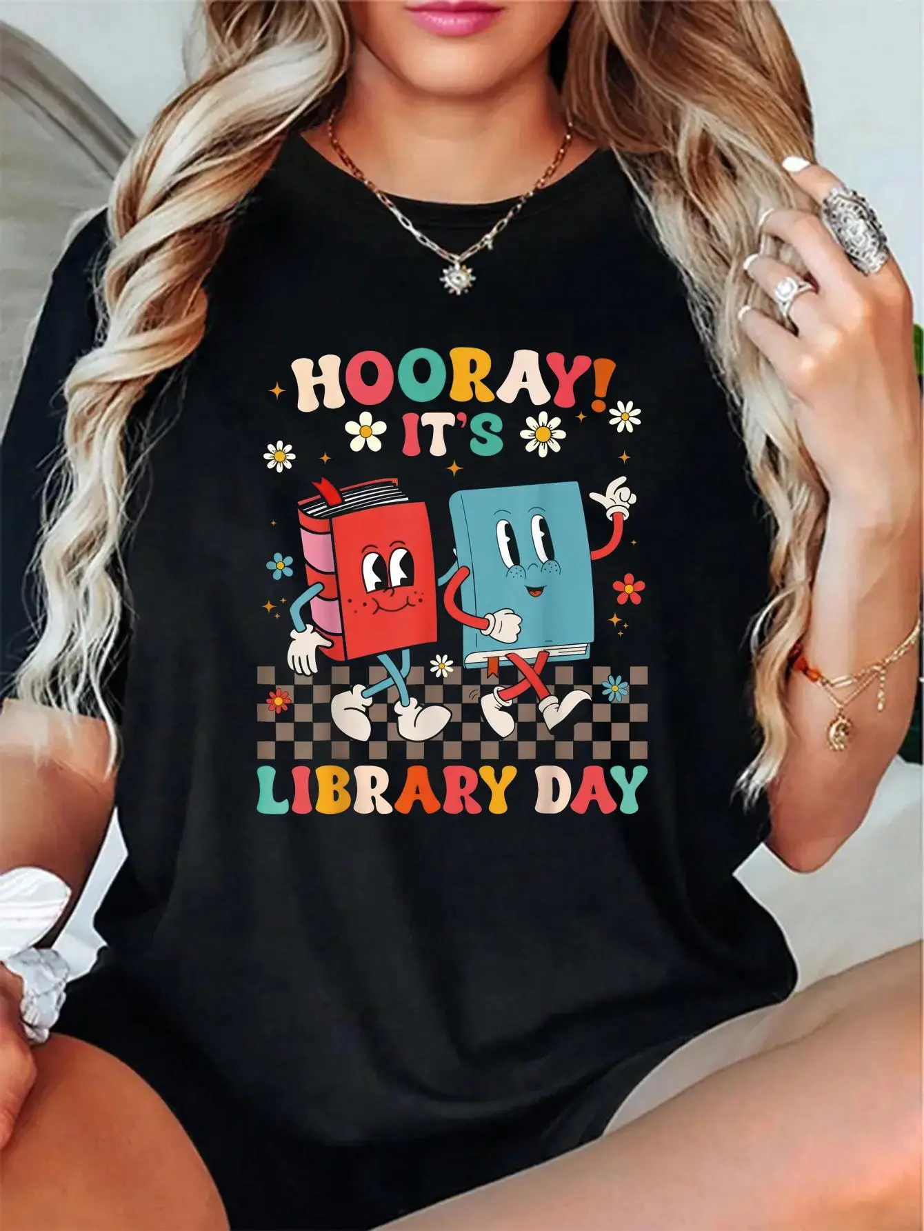 100% Cotton Unisex Reading Book Lover School Librarian Hooray It's Library Day T-Shirt, Printed Round Neck Short Sleeve T-Shirt Top
