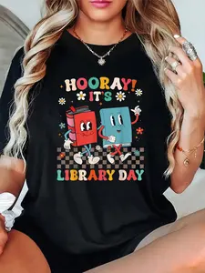 100% Cotton Unisex Reading Book Lover School Librarian Hooray It's Library Day T-Shirt, Printed Round Neck Short Sleeve T-Shirt Top