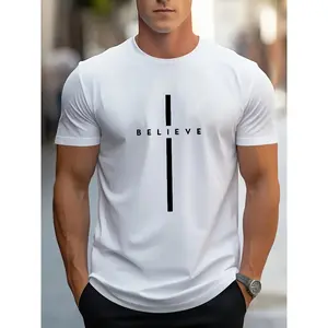 Men's BELIEVE Graphic Cotton T-Shirt - Black with White Lettering, Regular Fit Casual Summer Tee, Machine Washable, Cotton T Shirts, Streetwear Style, Minimalist Design, Comfortable Material, Lightweight Top, Street Style Lovers