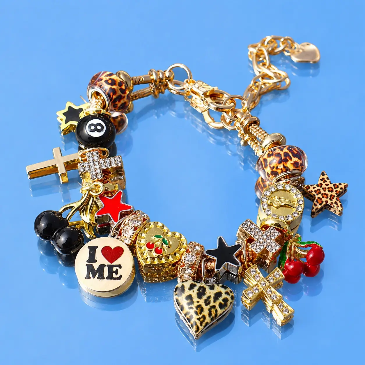 Women's Vintage Leopard Print Charm Bracelet - Gold-Plated Dangle Beaded Chain with Cherry, Heart, Star Pendants - Y2K Punk Costume Jewelry Gift