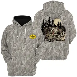 The Hunter Public-Turkey Scene Camo T-Shirt, Sweatshirt, Hoodie with Tree Print, Long Sleeve Outdoor Hunting Pullover Hooded, Graphic 2 Sided Hunting Soft Cotton Camo Shirt, Gift for Hunter