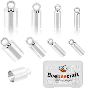 Beebeecraft 80Pcs 4 Size 925 Sterling Silver Plated Crimp End Caps Smooth Glue-in Leather Cord Barrel End Tip with Loop Ring for Leather Cord Bracelets Jewelry Making(Fit for 1.5/2/3/4.5mm)