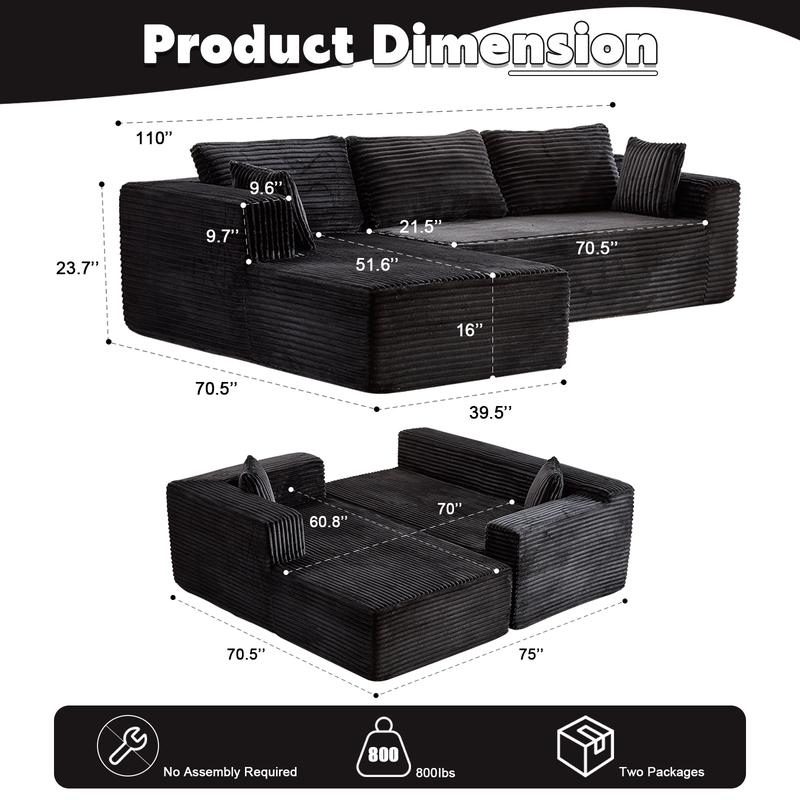 QAK 137.8“ Cloud Modular Sectional Sofa Couch U-Shape Chaise Corduroy Fabric No Assembly Required for Living Room Bedroom