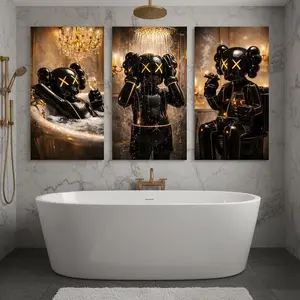 Set of 3 Black KAWS, Bathroom Wall Art, Hypebeast Shower Prints, Minimal Washroom Decor, Modern Bathroom Poster