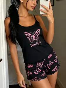Base Butterfly Print Pajama Set, Sleeveless Above Knee Design, Sweet, Gentle and Cute Style, Breathable Home Sleepwear