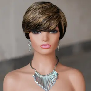 "Glueless Short Pixie Cut Wig With Bangs 180% Density Brazilian Virgin Human Hair P1B/27 Ombre Black Blonde 6 Inch Layered Full Machine Made Natural Look With Wig Caps For Women Daily & Party Wear "	