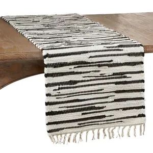 SARO  16 x 72 in. Oblong Cotton Table Runner with Black & White Zebra Chindi Design