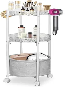 Circular Rotating Metal Storage Cart - Makeup Cart Organizer with Wheels, 3-Tier Rolling Skincare & Vanity Organizer, Heavy-Duty Bathroom Storage Cart - Racks, Racks