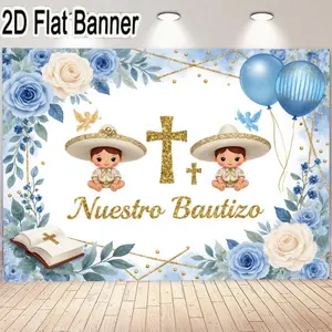 2D flat banner, Decorative Banner, 1pc Baptism Celebration Banner - 'Nuestro Bautizo' Decorations with Blue Floral Design, Golden Accents, Gold Cross, and Angel Theme - for Religious Ceremonies and Parties - Festive Background Sign for Indoor Outdoor Use