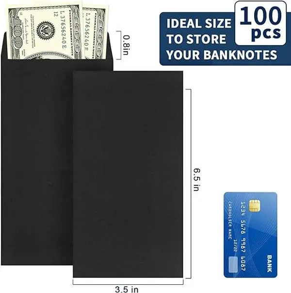 100 Pack Cash Envelopes for Budgeting, 6.7 x 3.5 Inch | Large Pack of Self-Adhesive Money Envelopes for Cash or Coins | Organization Envelopes for Checks, Jewelry, and Small Items(Black)