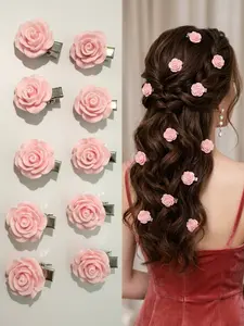 10 Pack Mini 3D Pink Rose Floral Hair Clips, Flower Hair Clip, Non-Slip Metal Duckbill Barrettes, Sweet Romantic Hair Styling Tools for Women, Ideal for French Braid Accents and Holiday Vacation