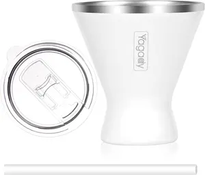 Stainless Steel Martini Tumbler with Lid & Cuttable Silicone Straw - 10oz Vacuum Sealed Insulated Martini Glass - Elegant Design Margarita Glass for Perfectly Chilled Drinks (White)