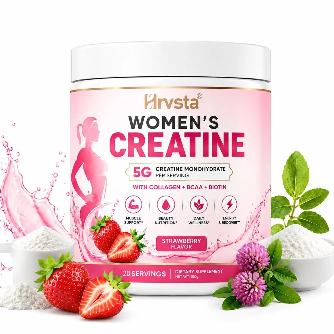 Women's Creatine Monohydrate Dietary Supplement Powder - Added BCAAs, Collagen, Inositol, L-Glutamine, Nutrient-Rich for Muscle Support, Recovery, Skin Health, Wellness, Prop 65 Safe, Bcaas Added