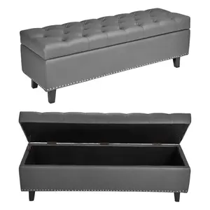 VEVOR Button-Tufted Storage Ottoman Bench, PU Leather Bench with Storage and Solid Wood Legs, Modern Shoe Benches Seat for Entryway, Upholstered End of Bed Benches for Living Room, Dining Room, Gray
