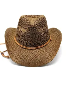 Vintage Western Cowboy Beach Hat Unisex Straw Hat Outdoor Travel Ethnic Style Fedora, Fitted Plain Design, Stylish Hat, All Seasons Wear
