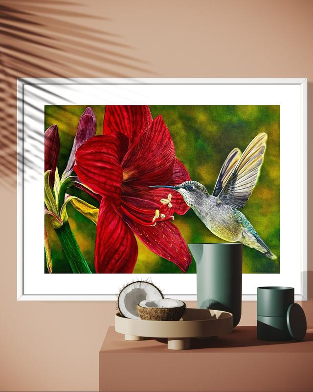 Soul of the Desert Watercolor Painting Featuring Red Flower & Hummingbird Artwork