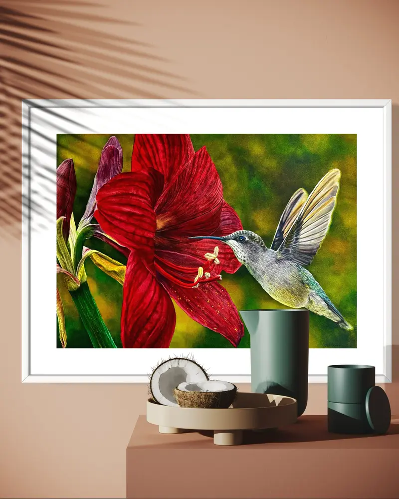 Soul of the Desert Watercolor Painting Featuring Red Flower & Hummingbird Artwork