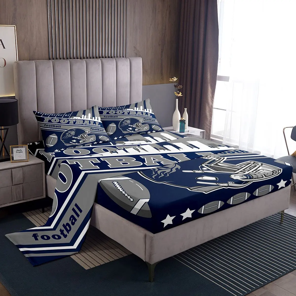Feelyou Sports Theme American Football Bedsheet Sets - Soft Microfiber Bedding with Flat Sheet, Deep Pockets Indianapolis Fitted Sheet, Cold Water Washable for Teens (King Size Collections)