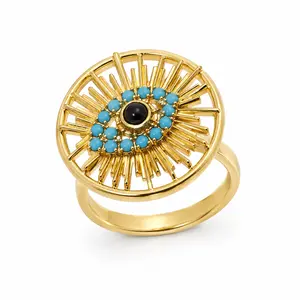 Women's Vintage Rotating Evil Eye Gold Plated Spinner Ring, Turquoise Detail Statement Ring, Adjustable Boho Sunburst Fidget Jewelry for Anxiety Relief Gift