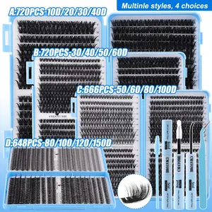 720/666/648 Clusters Thick Individual Lash Kit, Eyelash Extensions, 10D-150D Mixed Density, w/ Glue & Tools, 8-16mm Mixed Lengths, Eye-Enhancing, Waterproof, Sleep-Proof, Long-Lasting, For Daily, Outdoor, Dates, Festivals