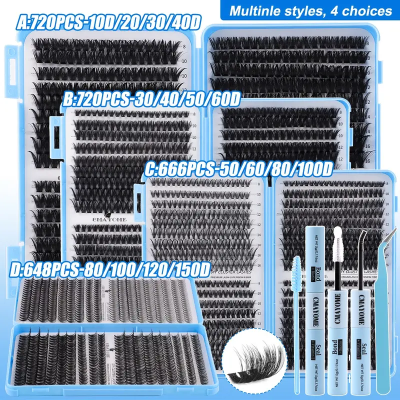 720/666/648 Clusters Thick Individual Lash Kit, Eyelash Extensions, 10D-150D Mixed Density, w/ Glue & Tools, 8-16mm Mixed Lengths, Dramatic, Eye-Enhancing, Waterproof, Sleep-Proof, Long-Lasting, For Daily, Outdoor, Dates, Festivals