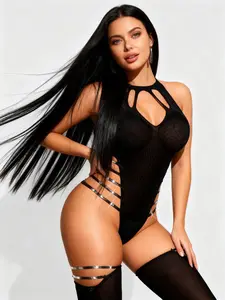 RSLOVE Summervibes Snatched Sparkle Rhinestone Bodystocking - Glitzy Sexy One Piece Bodysuit with Attached Thigh High Stockings, Stretchy Lingerie