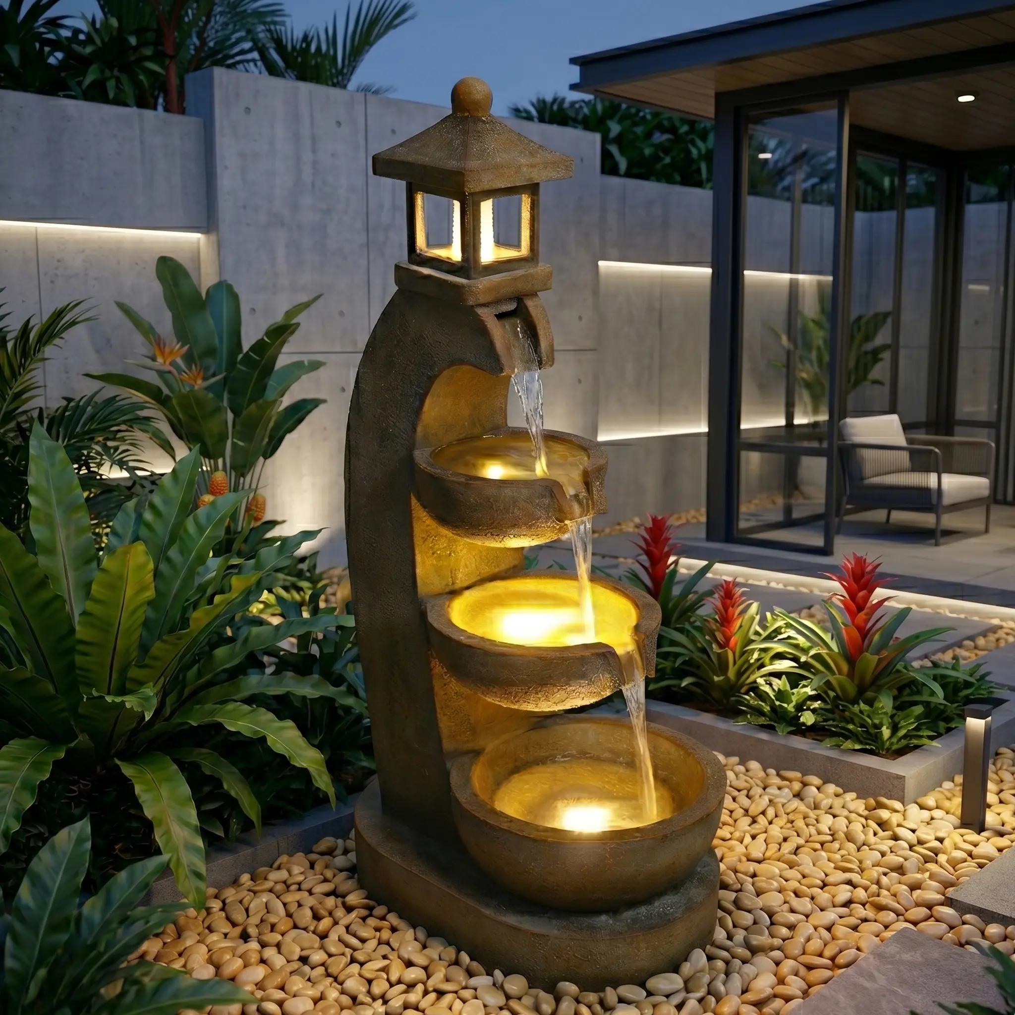 Eyisean Polyresin Outdoor Water Fountain (35.4-23.6in H) - All-Weather Asian-Inspired 3-Tier Pagoda, Freestanding with LED Lights, GFCI Outlet, Gentle Waterfall Sound, Stress Relief, Nighttime Ambiance, Porch/Deck Home Garden Decor Gift