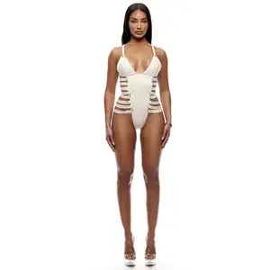 Forplay Strap Tease 1-Piece Strappy Matte Vinyl Teddy - Cream