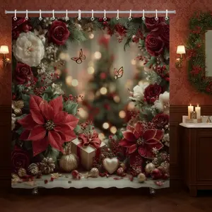 Christmas Series Bathroom Set, Plaid Toilet Cover Pad, Waterproof Shower Curtain, Non-Slip Mat, Bath Rug, 4-Piece Combo Pack