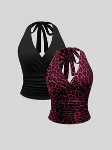 Spring Summer Fall Best-Selling Solid Color Chic Backless Sleeveless Halter Tank Top Set, Two-Piece Fashionable Women's Tops, Comfortable and Stylish