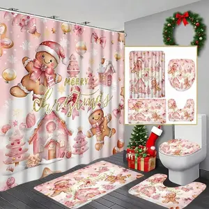 1/4pcs Christmas Theme Bath Curtain Set with Gingerbread Man and House Pattern, Includes Toilet Seat Cover, Rug, U-Shaped Pad, 12 Hooks Included, Shower Curtain Set