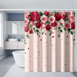 1pc Valentine'S Day Rose & Heart Print Shower Curtain Polyester Red & Pink Roses with Green Leaves Heart-Shaped Decorations Machine Washable All-Season Use 66x72 Inches