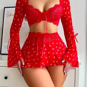 Women's Red Heart-Print Top with Long Sleeves & Matching Mesh Skirt Set for Everyday Wear - Casual Elegance Lingerie Gamis Suits Pants Matching Outfit Short Sleeveless Clothes Clothes