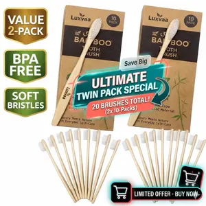 Luxvaa Premium Bamboo Toothbrushes (Value 2-Pack, 20 Brushes Total) - Eco-Friendly, BPA-Free, Soft Bristles