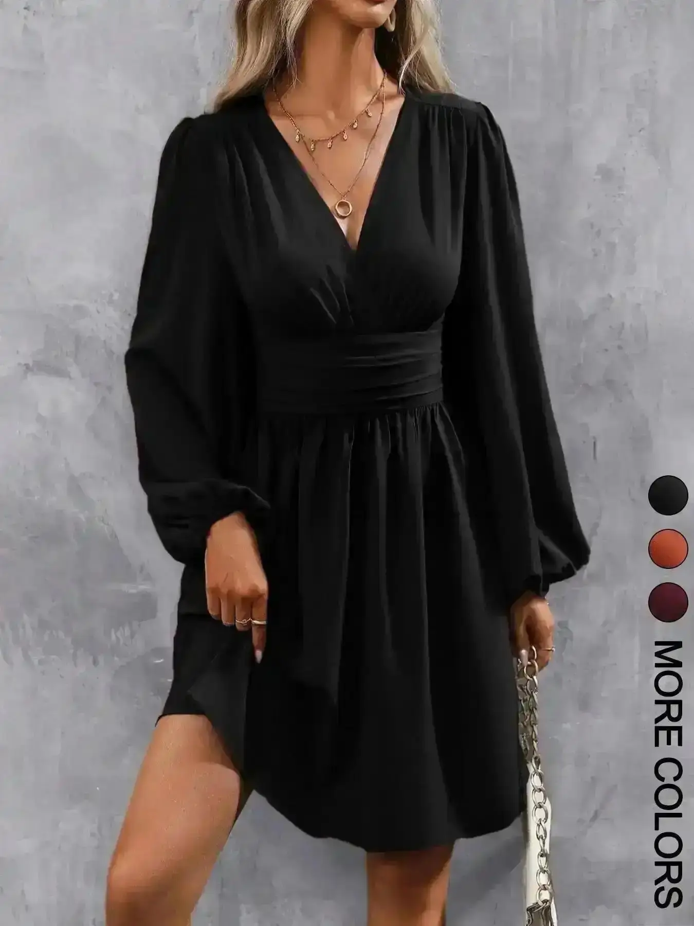 Vogue 2026 Women's Plain Deep V Neck Dress Casual Bishop Sleeve A Line Mini for Spring Fall Layering Y2K Flowy Tunic Dresses, Transitional Wear, Day Out, Weekend Wear, Trending Now, Everyday, Nostalgic, Picnic Ready