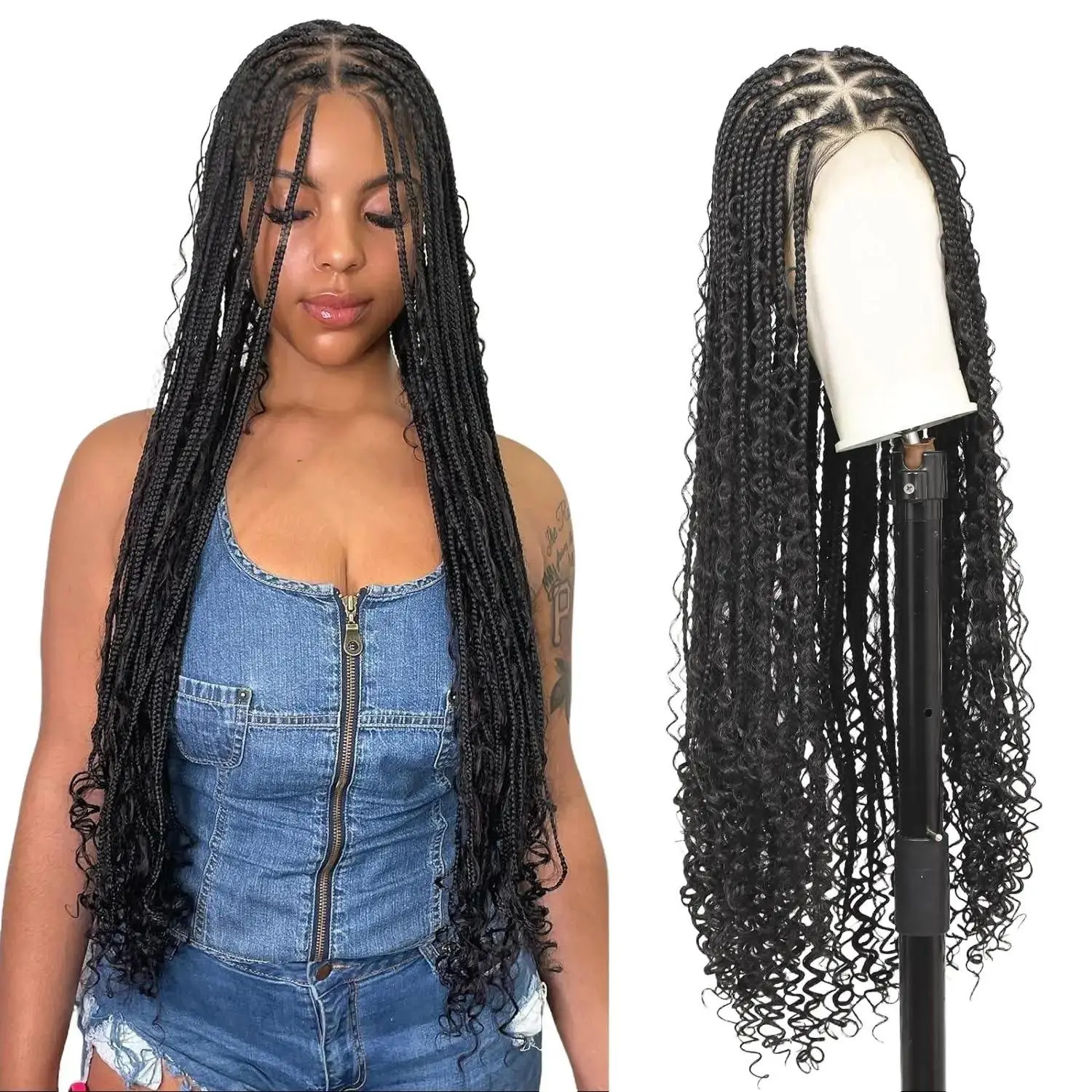 YMSGIRL Hair Store 36'' Full Lace Triangle Top Knotless Boho Goddess Locs Wig With Curly Ends Synthetic Braided For Elegant Daily Wear & Special Occasions