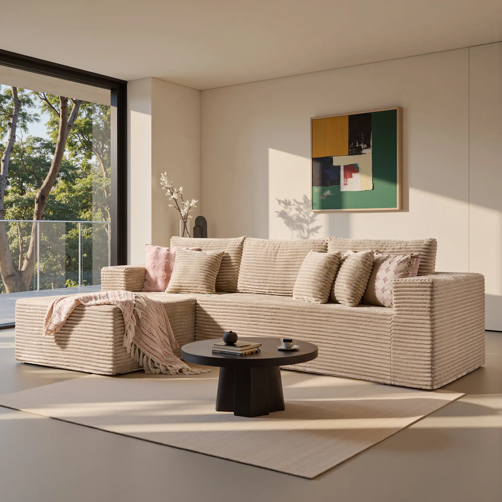 106" Beige L-Shaped Sofa, Left Chaise