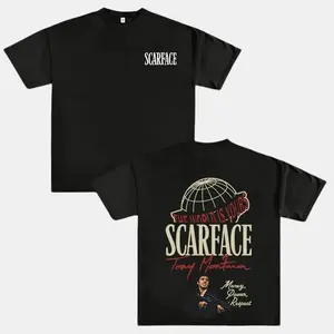 Scarface Two Sides Graphic Tee - The World is Yours Design with Tony Montana Iconic Image, Perfect for Movie Fans and Streetwear Enthusiasts graphic tee men gifts Men's Breathable Crew Neck T-Shirt Black Classic