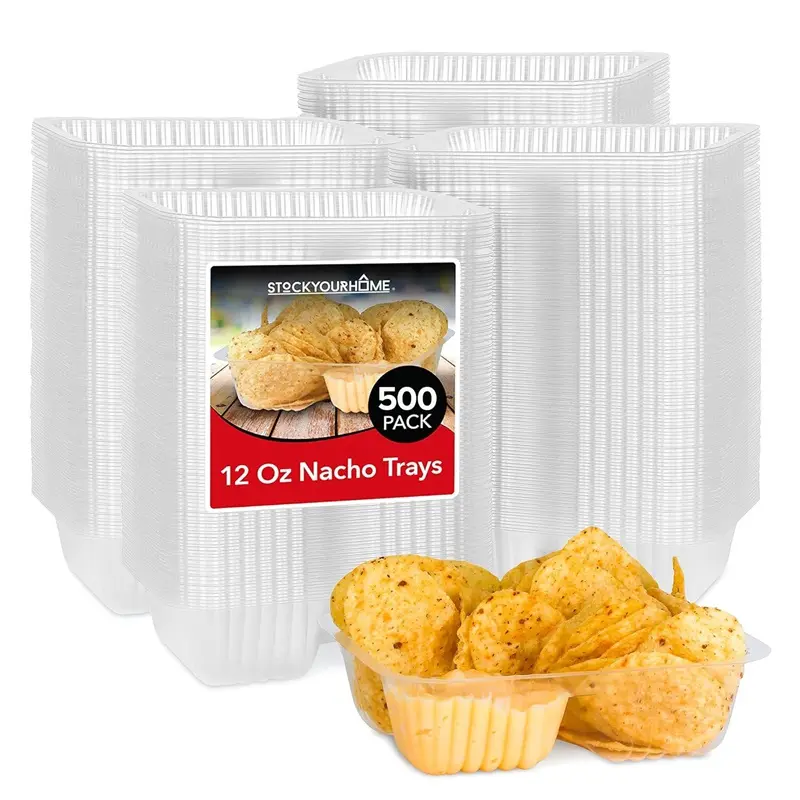 12oz Plastic Nacho Trays (500 Pack) Small Disposable Tray for Nachos & Cheese Dip, Concession Stand Supplies, Movie Night Snacks for Kids, Carnival Party Decorations, Food Boats, Snack Containers