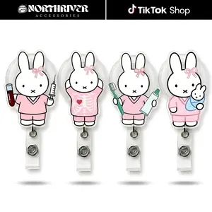 Cute Bunny Pink Nurse Xray Skeleton Dental Badge Reel Retractable Set Kawaii Cartoon Acrylic ID Card Holder For Medical Nursing Students Gift