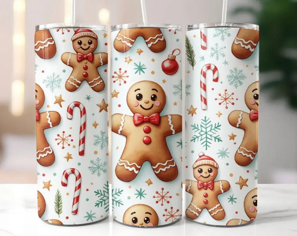 Gingerbread Man And Candy Canes 20 oz Skinny Tumbler Sublimation Straight Tumbler Christmas Tumbler