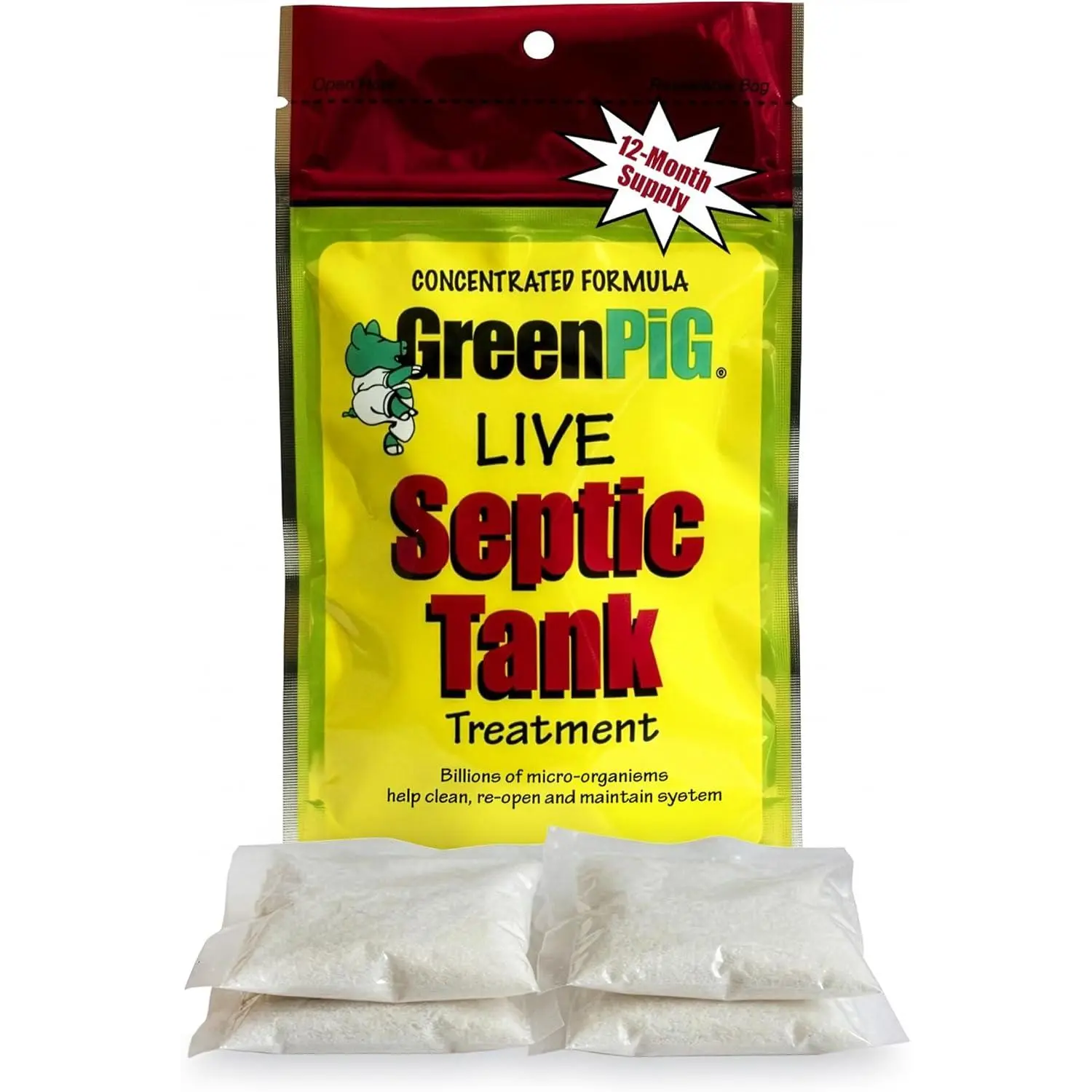 Green Pig Septic Tank Treatment Packets – Septic-Safe Enzyme Treatment for Preventative Maintenance, Helps Prevent Clogs & Odors, 1-Year Supply (4 Packets) | Septic-Safe Enzyme Treatment, Preventative Maintenance, Helps Prevent Clogs & Odors