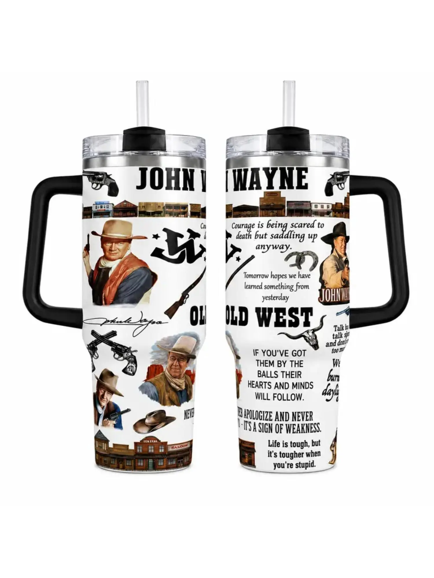 John Wayne Old West Tumbler, 30oz 40oz Western Movie Fan Cup, Cowboy Quote Graphic Travel Drinkware With Handle, No Straw