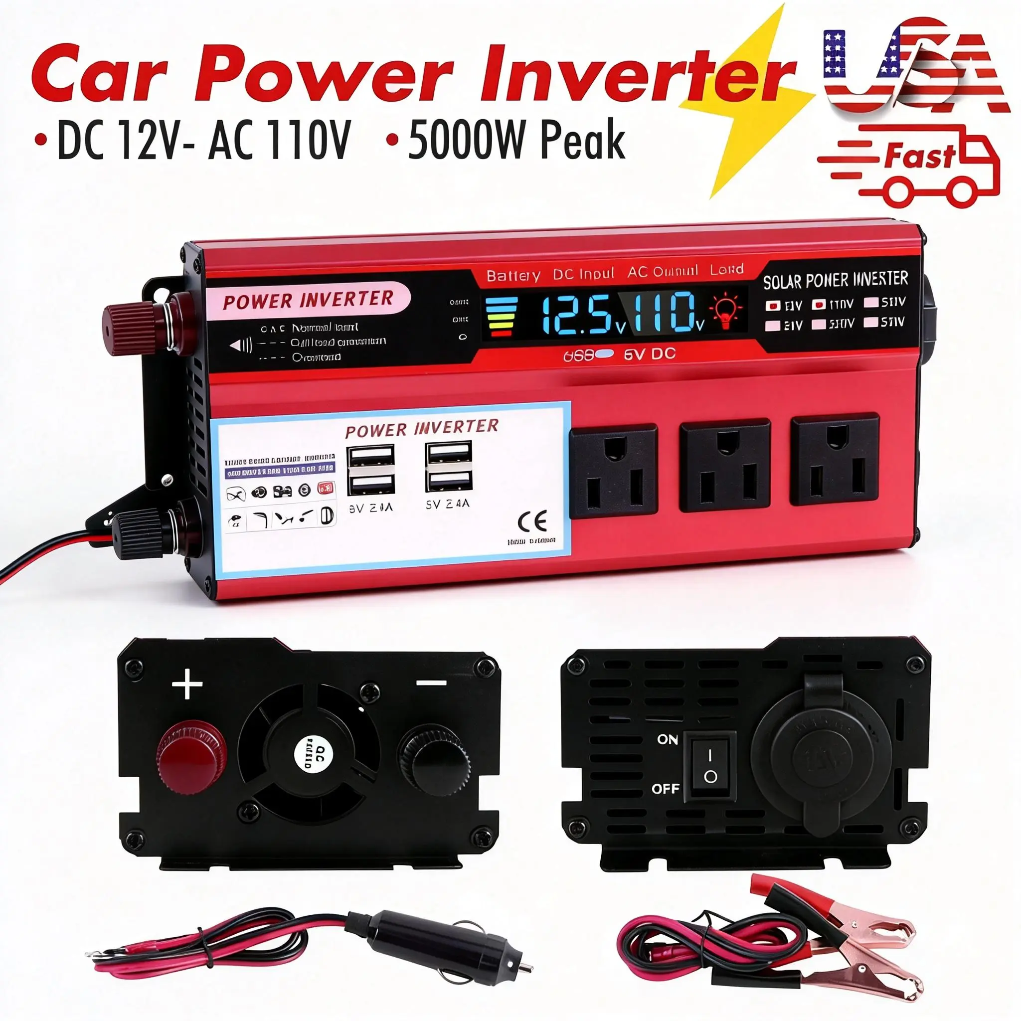 5000W Peak Portable Vehicle Power Inverter - DC 12V to 110V AC Voltage Transformer, Multi-Port Fast Charging with AC & USB Outputs, Outdoor Emergency Backup for RV, Camping, Laptop Phone Tablet