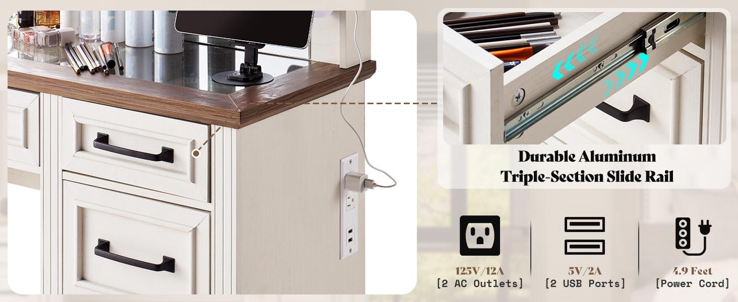 AMERLIFE 55.1" W Makeup Vanity with Hollywood Mirror, Glass Top Vanity with 5 Drawers & Adjustable Cabinet & Charging Station, 10 Detachable Light Bulbs, Bedroom/Salons/Best Gift Ideas/Christmas Gifts